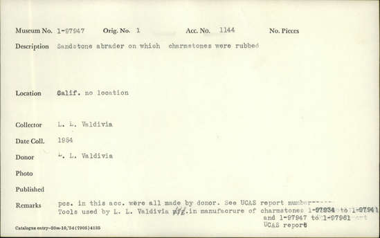 Documentation associated with Hearst Museum object titled Abrader, accession number 1-97947, described as Sandstone abrader on which charmstones were rubbed. Replica made by Leonard Valdivia.