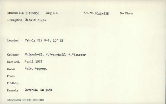 Documentation associated with Hearst Museum object titled Blade fragment, accession number 1-155905, described as Basalt.