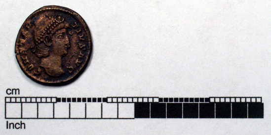 Hearst Museum object titled Coin: æ 4, accession number 8-8490, described as Coin, AES Follis 4.     2.03 grams. 15mm. Obverse: Constantinus II right, diademed CONSTANTINUS AVG Reverse: Standard between 2 soldiers, GLORIA EXERCITUS Mint Data: Constantinus II Italia Rome. Minted in Atioch at Workshop 9 (Θ).