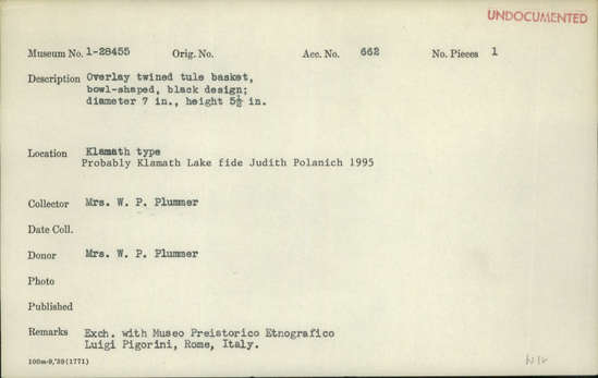 Documentation associated with Hearst Museum object titled Bowl basket, accession number 1-28455, described as Overlay twined tule basket, bowl-shaped, black design.
