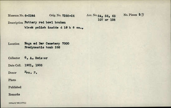 Documentation associated with Hearst Museum object titled Broken bowl, accession number 6-3344, described as pottery, red bowl, broken, black polish inside