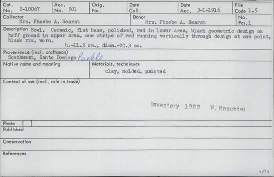 Documentation associated with Hearst Museum object titled Bowl, accession number 2-10067, described as Ceramic, flat base, polished. Red in lower area. Black geometric design on buff ground in upper area. One stripe of red running vertically through design at one point. Black rim, worn. Molded.