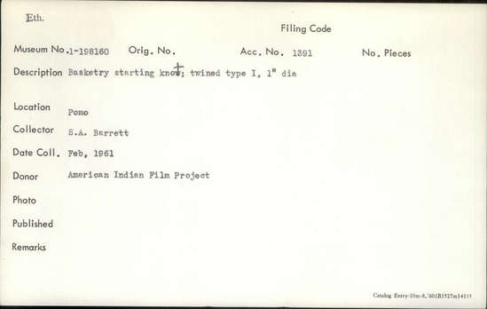 Documentation associated with Hearst Museum object titled Knot, accession number 1-198160, described as Basketry starting knot.  Twined type I.