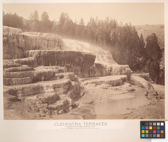 Hearst Museum object 1 of 2 titled Albumen print, accession number 13-1302g, described as Mounted photograph by Carleton E. Watkins: Cleopatra Terraces, Mammoth Hot Springs, National Park. :S. 105 (New Series)