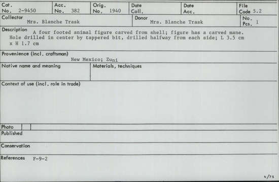 Documentation associated with Hearst Museum object titled Zoomorph, accession number 2-9450, described as A four footed animal figure carved from shell; figure has a carved mane. Hole drilled in center by tapered bit, drilled halfway from each side.