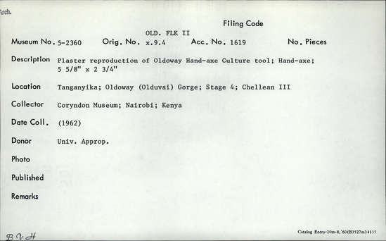 Documentation associated with Hearst Museum object titled Plaster cast, accession number 5-2360, described as Plaster reproduction of Olduvai Handaxe Culture tool; handaxe