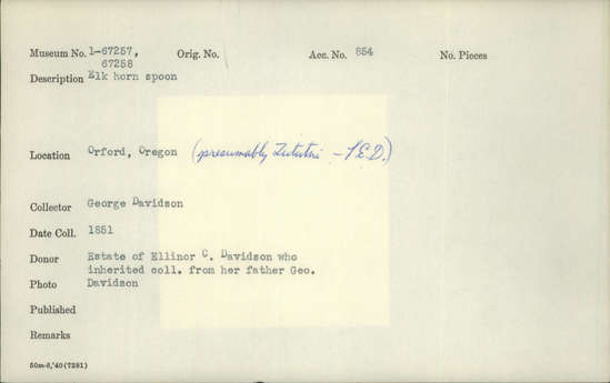 Documentation associated with Hearst Museum object titled Spoon, accession number 1-67258, described as Made of elkhorn.