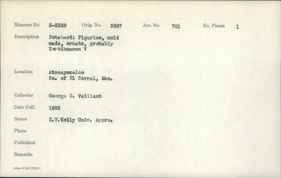 Documentation associated with Hearst Museum object titled Potsherd, accession number 3-5369, described as Potsherd: Figurine, mold made, ornate, probably Teotihuacan V.