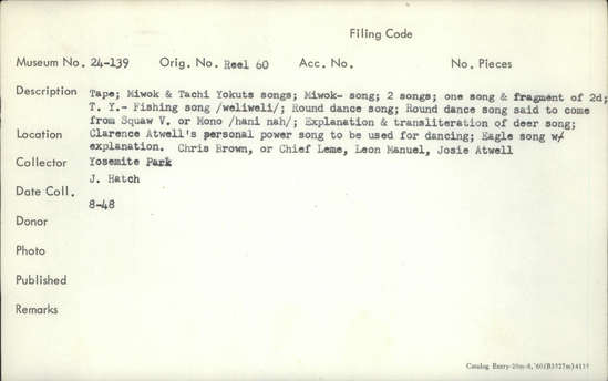 Documentation associated with Hearst Museum object titled Audio recording, accession number 24-139.S#16.B.5, described as Unidentified song (not completed on recording)