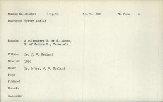 Documentation associated with Hearst Museum object titled Shell fragment, accession number 16-3637, described as Oyster shells