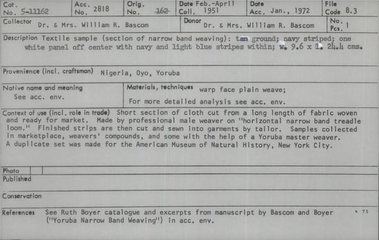 Documentation associated with Hearst Museum object titled Textile sample, accession number 5-11162, described as textile sample (section of narrow band weaving):  tan ground; navy striped; one white panel off center with navy and light blue stripes within;  w. 9.6 x l. 24.4 cms.