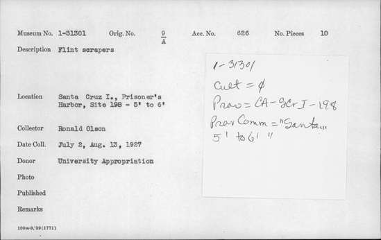 Documentation associated with Hearst Museum object titled Scrapers, accession number 1-31301, described as Flint