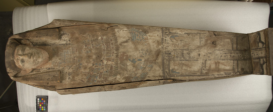 Hearst Museum object titled Coffin, accession number 6-16015+a, described as Painted wooden coffin. Carved head on lid. Mummy within.