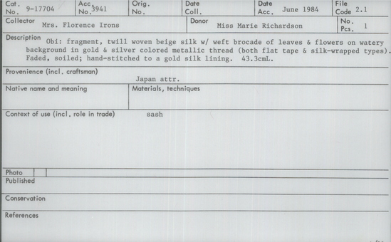 Documentation associated with Hearst Museum object titled Obi, accession number 9-17704, described as Obi:  fragment, twill woven beige silk w/ weft brocade of leaves & flowers on watery background in gold & silver colored metallic thread (both flat tape & silk-wrapped types).  Faded, soiled; hand-stitched to a gold silk lining.  43.3 cm L.