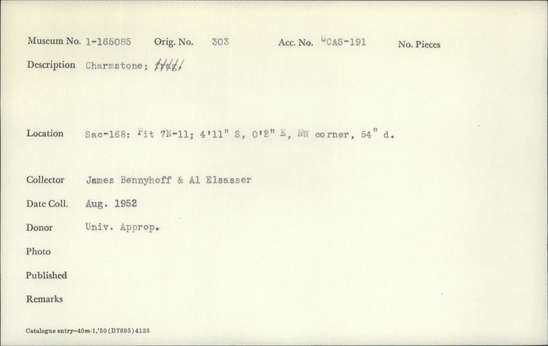 Documentation associated with Hearst Museum object titled Charmstone, accession number 1-165085, described as Charmstone.