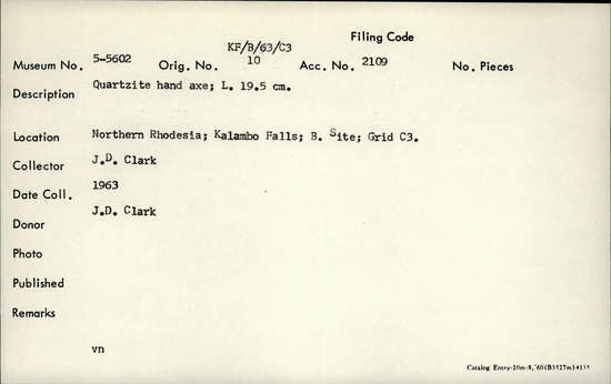 Documentation associated with Hearst Museum object titled Handaxe, accession number 5-5602, described as Quartzite hand axe; L. 19.5 cm