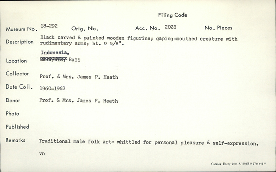 Documentation associated with Hearst Museum object titled Figurine, accession number 18-292, described as Black carved and painted wooden figuring; gaping-mouthed creature with rudimentary arms. Traditional male folk art; whittled for personal pleasure and self-expression. Height 9 5/8 inches.