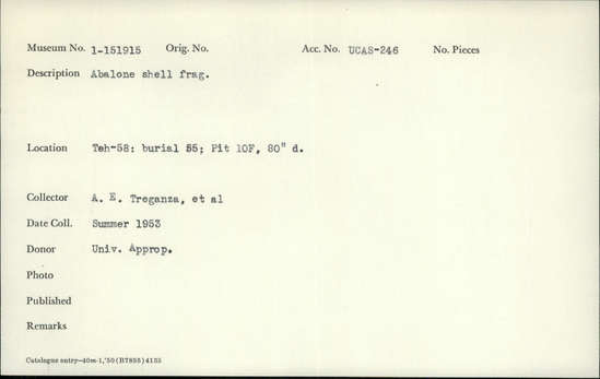 Documentation associated with Hearst Museum object titled Shell fragment, accession number 1-151915, described as Abalone. Notice: Image restricted due to its potentially sensitive nature. Contact Museum to request access.