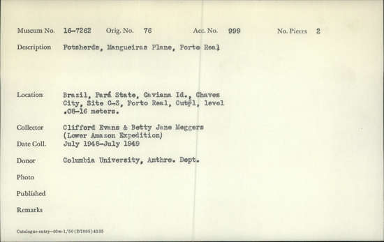 Documentation associated with Hearst Museum object titled Potsherds, accession number 16-7262, described as Potsherds, Mangueires Plain