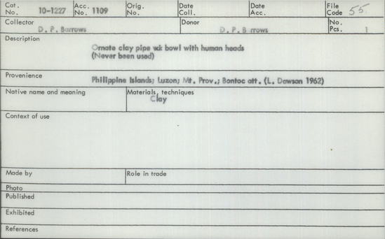 Documentation associated with Hearst Museum object titled Pipe bowl, accession number 10-1227, described as ornate clay pipe bowl with human heads (never been used)