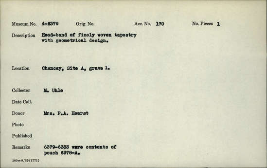 Documentation associated with Hearst Museum object titled Headband, accession number 4-6379, described as Headband: fine: Tap.