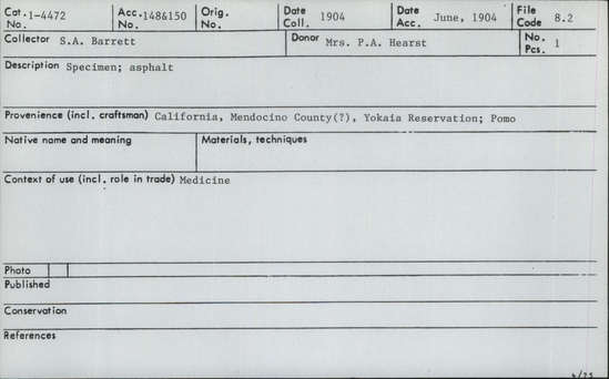 Documentation associated with Hearst Museum object titled Asphalt, accession number 1-4472, described as Specimen; asphalt; medicine