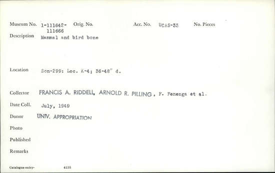 Documentation associated with Hearst Museum object titled Faunal remains, accession number 1-111650, described as Mammal and bird.