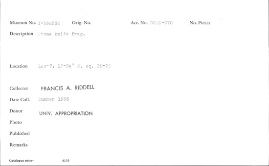 Documentation associated with Hearst Museum object titled Knife, accession number 1-196350, described as Stone knife fragment