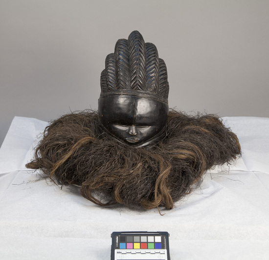 Hearst Museum object 1 of 2 titled Helmet mask, accession number 5-5835, described as helmet mask of West African gum wood blackened with shoe polish; anthromorphic with elaborate headdress; faffia collar; height 39 cm