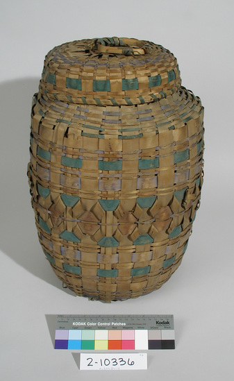 Hearst Museum object titled Basket with lid, accession number 2-10336a,b, described as Large, vase-like, twined. Made of ash splint, decorated with blue and green dyes. With cover.