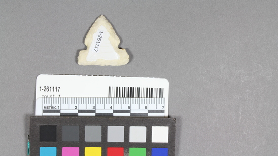 Hearst Museum object 2 of 3 titled Point, accession number 1-261117, described as Diner ceramic projectile point 3 x 3 cm.