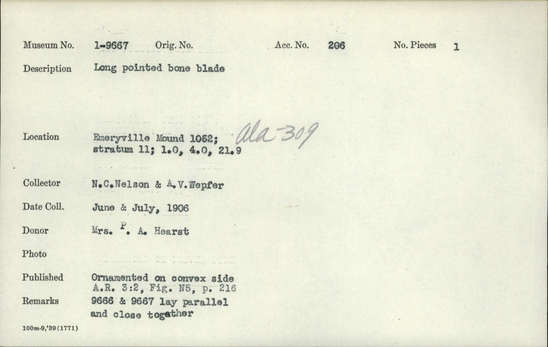 Documentation associated with Hearst Museum object titled Blade, accession number 1-9667, described as Long pointed blade; bone. Ornamented on convex side.