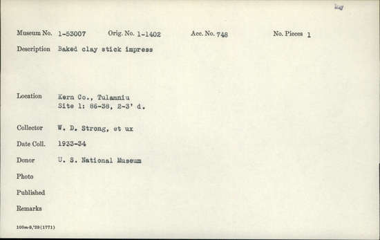 Documentation associated with Hearst Museum object titled Baked clay, accession number 1-53007, described as Stick impress