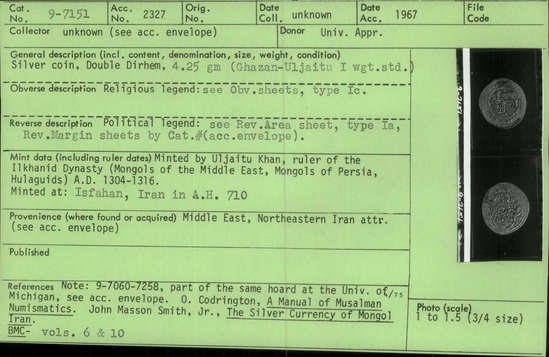 Documentation associated with Hearst Museum object titled Coin: ar double dirhem, accession number 9-7151, described as Silver coin, Double Dirhem, 4.25 gm (Ghazan-Uljaitu I weight standard)