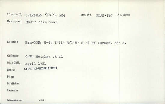 Documentation associated with Hearst Museum object titled Tool, accession number 1-128635, described as Chert core tool. Notice: Image restricted due to its potentially sensitive nature. Contact Museum to request access.