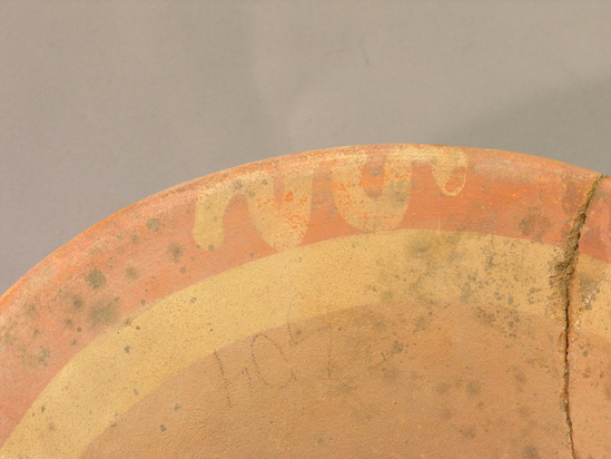 Hearst Museum object 2 of 3 titled Bowl, accession number 4-3171, described as Flaring flat-bottomed bowl, without base, red, vertical white stripes