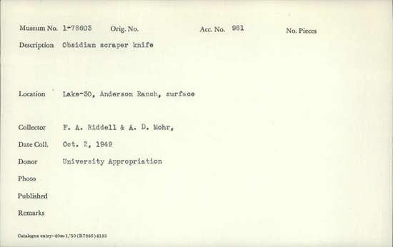 Documentation associated with Hearst Museum object titled Scraper, accession number 1-78603, described as Obsidian scraper knife.