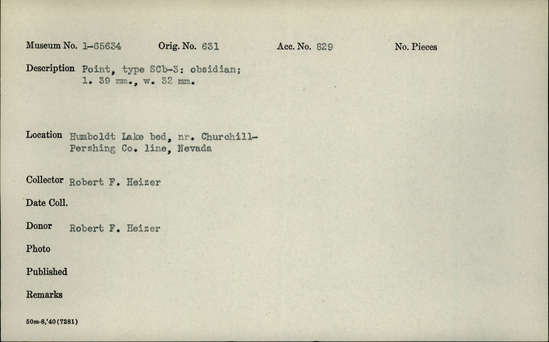 Documentation associated with Hearst Museum object titled Point, accession number 1-65634, described as Type SCb-3: obsidian
