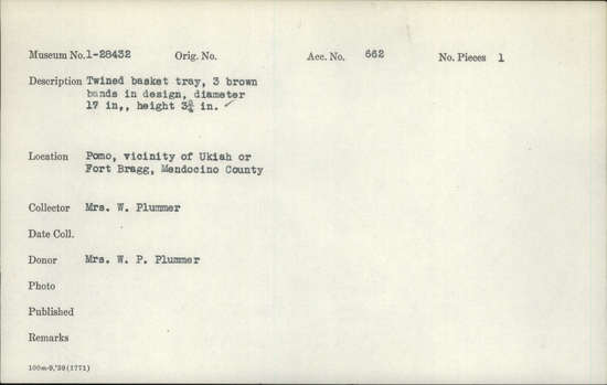 Documentation associated with Hearst Museum object titled Basket, accession number 1-28432, described as Twined basket tray.  3 brown bands in design.