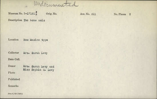 Documentation associated with Hearst Museum object titled Awl, accession number 2-17181a,b, described as Two bone awls