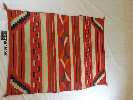 Hearst Museum object titled Blanket, accession number 2-10752, described as Wool; red, white, gray, yellow and orange bands with terraces and diamonds.  $15.00