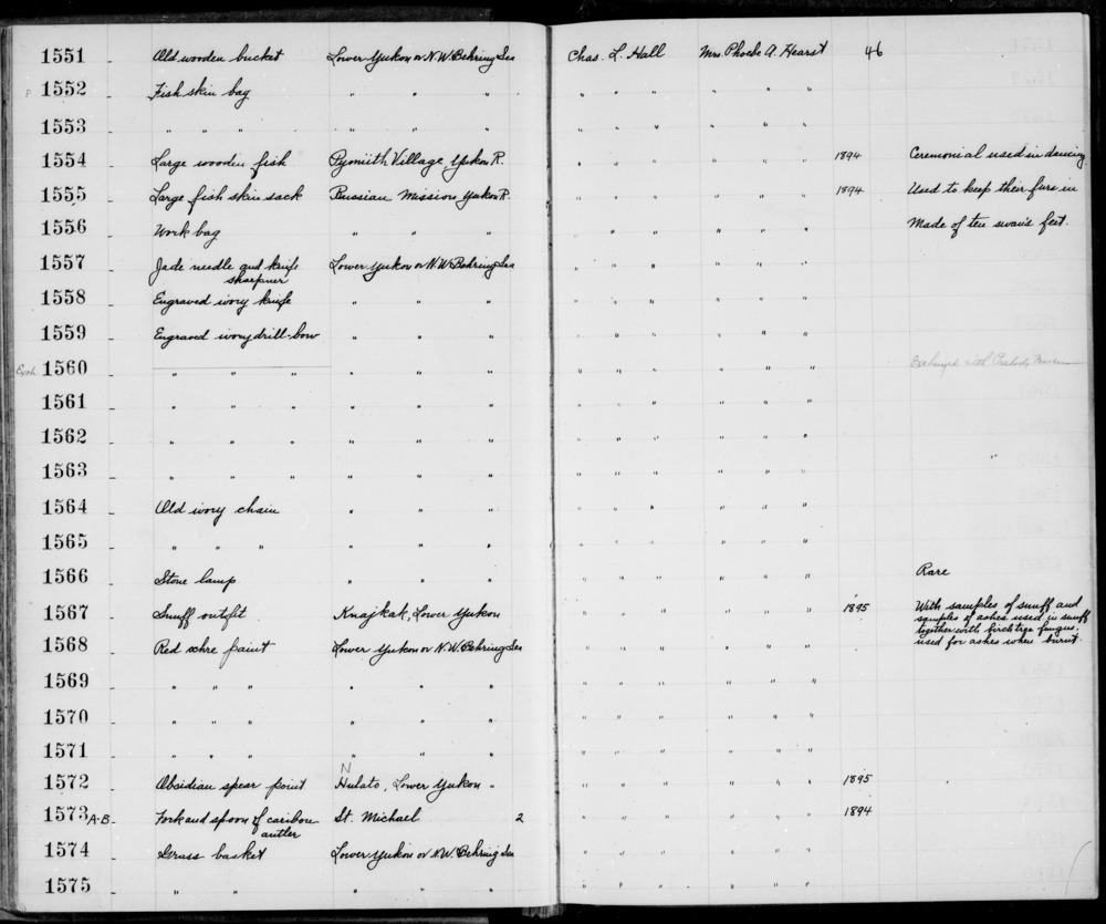 Documentation associated with Hearst Museum object titled Bow, accession number 2-1559, described as Engraved ivory drill bow; triangular cross-section; hunting scene on base, caribou, men on horses, large sailing ship, etc. on top; rawhide thong.