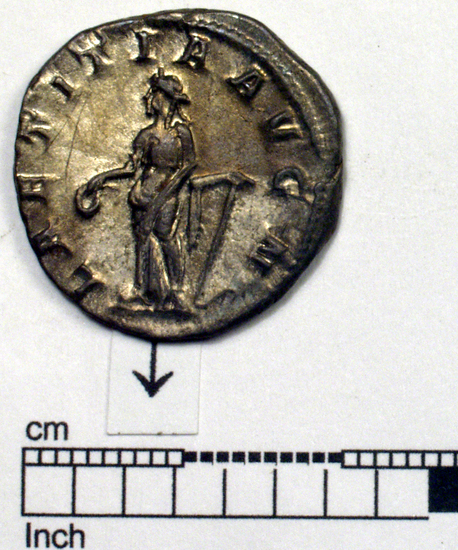 Hearst Museum object 3 of 8 titled Coin: billon antoninianus, accession number 8-7532, described as Diameter 21 mm, weight 4.03 grams. Gordian III, 238-244. Obverse description: Inscription: IMP CORDIANVS PIVS FEL AVG. Bust facing right, rad. Reverse description: Inscription: LAETITIA AVG N. Laetitia stg. left.