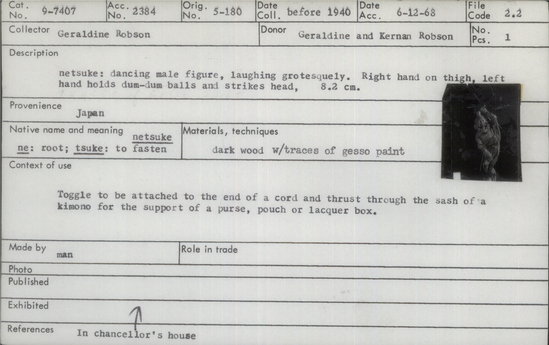 Documentation associated with Hearst Museum object titled Netsuke, accession number 9-7407, described as Netsuke: dancing male figure, laughing grotesquely. Right hand on thigh, left hand holds dum-dum balls and strikes head.