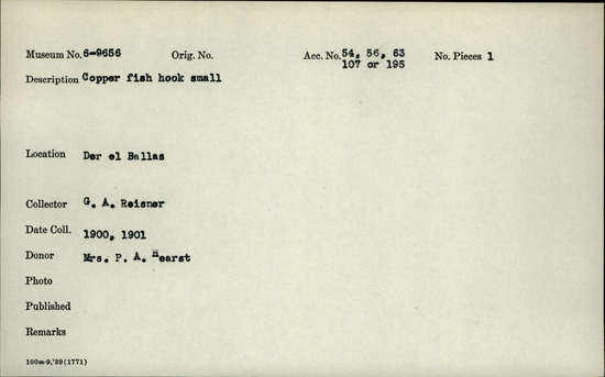 Documentation associated with Hearst Museum object titled Fishhook, accession number 6-9656, described as Copper fish hook, small