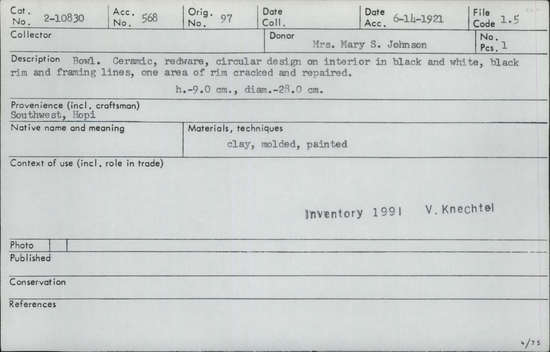 Documentation associated with Hearst Museum object titled Bowl, accession number 2-10830, described as Ceramic, redware, circular design on interior in black and white, black rim and framing lines, one area of rim cracked and repaired.