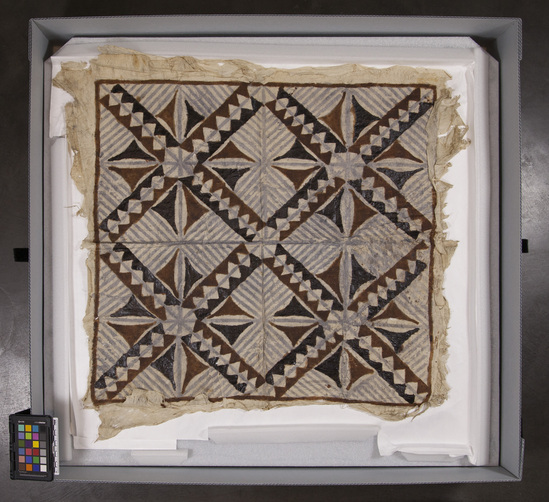 Hearst Museum object titled Tapa cloth, accession number 11-39367, described as Tapa, fringed, black, brown and light blue pigments, design with field squared off and filled with triangle patterns; probably wrapper (’afu) or bedsheet (’afu loto)