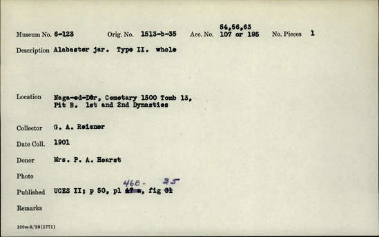 Documentation associated with Hearst Museum object titled Jar, accession number 6-123, described as Alabaster jar. Type II. Whole
