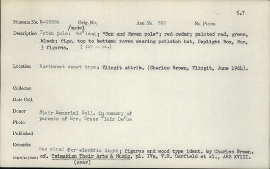 Documentation associated with Hearst Museum object titled Totem pole model, accession number 2-18864, described as Sun and Raven pole"; red cedar; painted red, green, black; figures top to bottom: raven wearing potlatch hat, "Daylight Box" from which daylight was released, Sun, 3 figures. Circular head figure with beak represents the sun.  Was wired for electric light. Figures and wood type identified by Charles Brown.