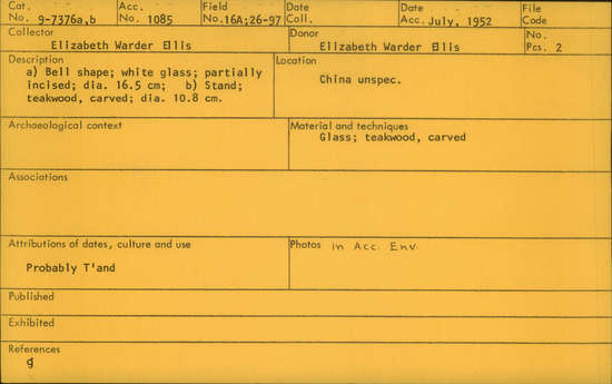 Documentation associated with Hearst Museum object titled Bowl and stand, accession number 9-7376a,b, described as a) bell shape; white glass; partially incised; dia. 16.5 cm; b) Stand; teakwood, carved; dia. 10.8 cm.